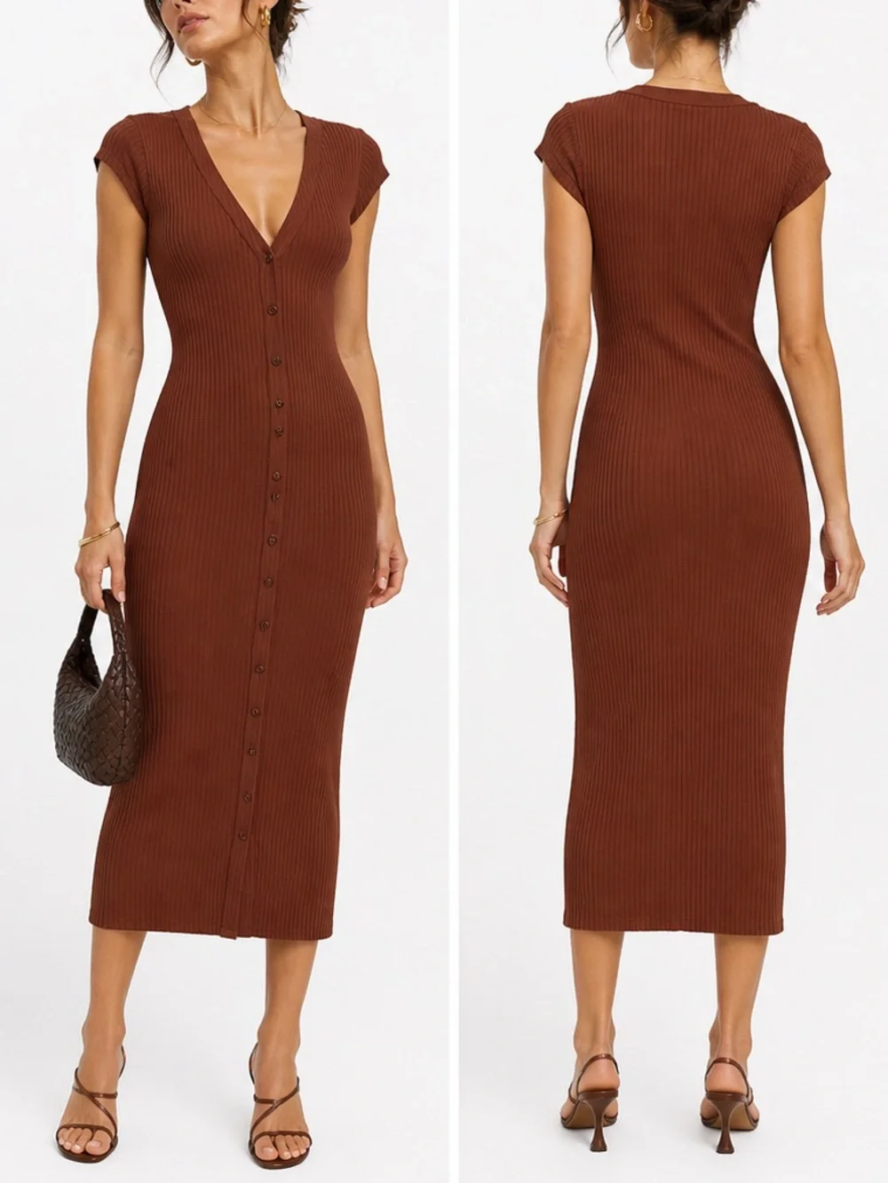 Reformation Chocolate Brown Ribbed Button-Front Midi Dress - Picture 2 of 11